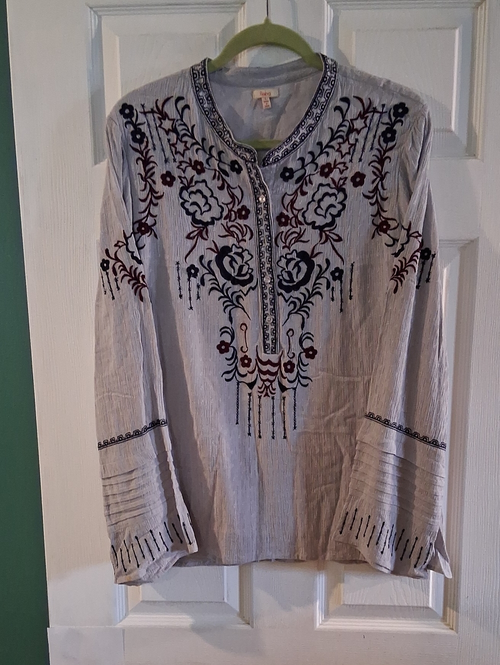 Reba Light Gray Embroidered Tunic with Black and Burgundy Floral Accents